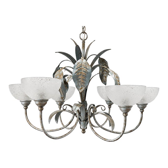 Vintage French Country Style Six-Arm Metal Chandelier Frosted Glass Shade Leaf Design For Sale