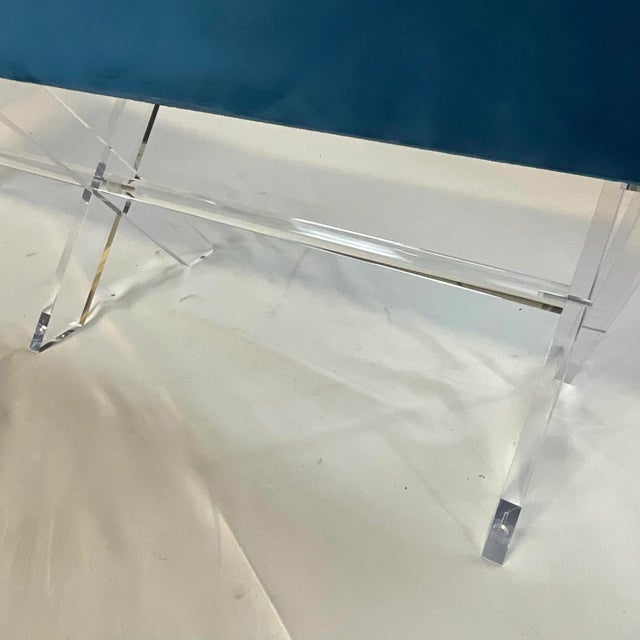 1980s Contemporary Modern Lucite X-Base Bench, Newly Upholstered in Velvet. For Sale - Image 9 of 10