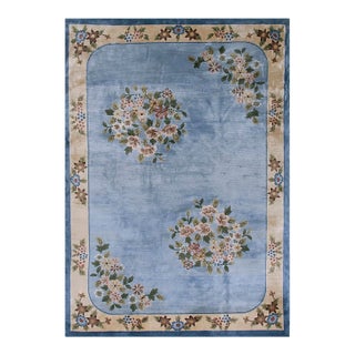 1980s Ligth Blue Floral Vintage Silk Chinese Art Deco Carpet 6'2" X 9' Handknotted Rug For Sale