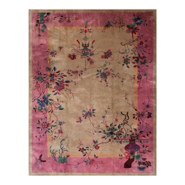 Elegant Pink and Gray Color Floral Design Antique Chinese Art Deco Carpet For Sale