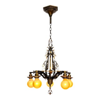1920s Cast Bronze 5 Light Chandelier in Spectacular Original Condition #2622 For Sale