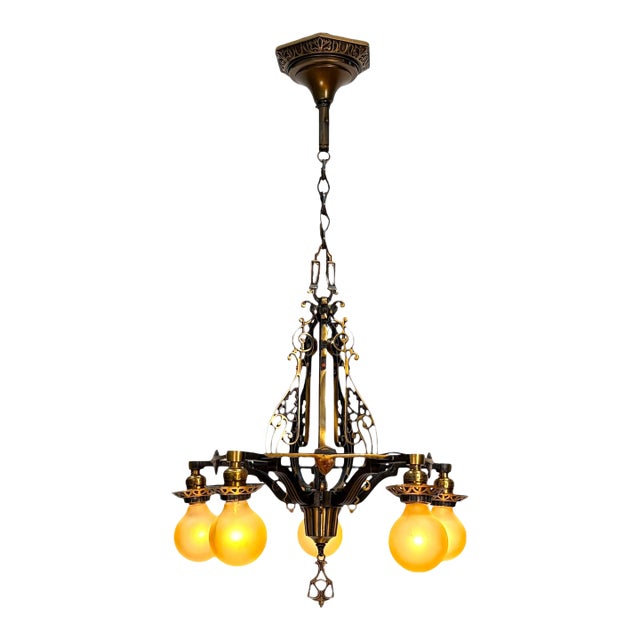 1920s Cast Bronze 5 Light Chandelier in Spectacular Original Condition #2622 For Sale