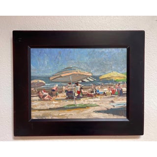 Beaches 7 by Jim Beckner | Oil on canvas Beach scene with umbrellas and people. For Sale
