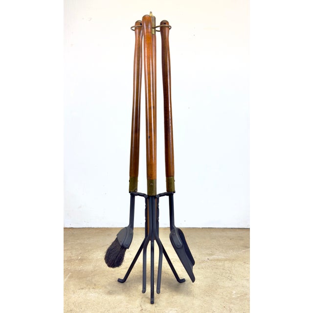 Mid Century Modern Walnut & Wrought Iron Fireplace Tool Set by Seymour For Sale - Image 10 of 10