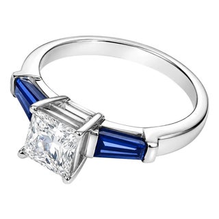 Late 20th Century 14K White Gold Princess Cut Diamond Tapered Baguette Sapphire Engagement Ring For Sale