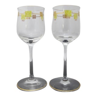 MCM Mid Century Modern Gold & Green Enamel Crystal Aperitif Cordial Glass Pair For Sale