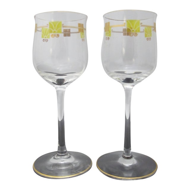 Mid 20th Century MCM Mid Century Modern Gold & Green Enamel Crystal Aperitif Cordial Glass Pair For Sale