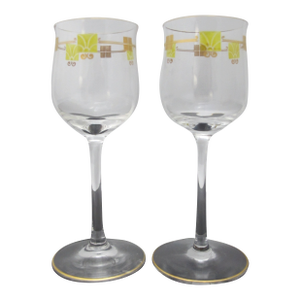 Mid 20th Century MCM Mid Century Modern Gold & Green Enamel Crystal Aperitif Cordial Glass Pair