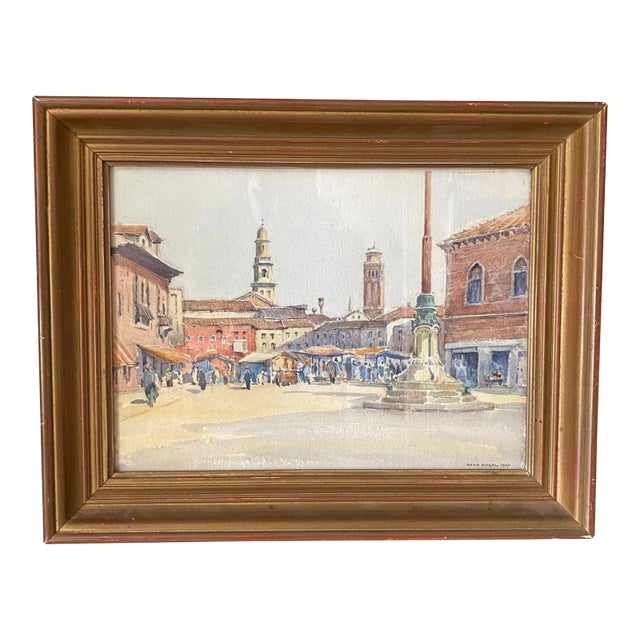 Early 20th Century French Impressionist Painting of French Market in Town Square by Listed Artist Rene Engel, Framed For Sale