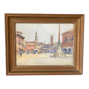 Early 20th Century French Impressionist Painting of French Market in Town Square by Listed Artist Rene Engel, Framed