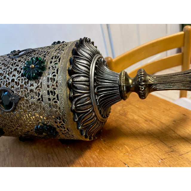 Metal MCM Hollywood Regency Glam Gold Hanging Lamp Green Jewel Swag Light For Sale - Image 7 of 15