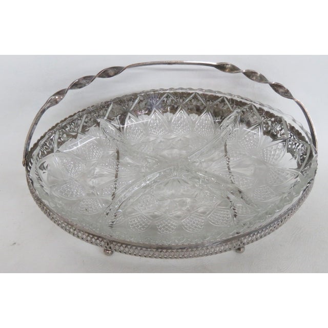 1960s Mayell Queen Anne Divided Glass Dish on Footed Silver Plated Handled Stand For Sale - Image 14 of 15
