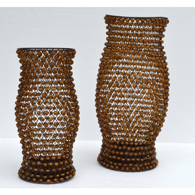 Set 2 Vintage Decorative Amber Gemstone Beaded Lattice Hourglass Shaped Candle Holders For Sale - Image 15 of 15