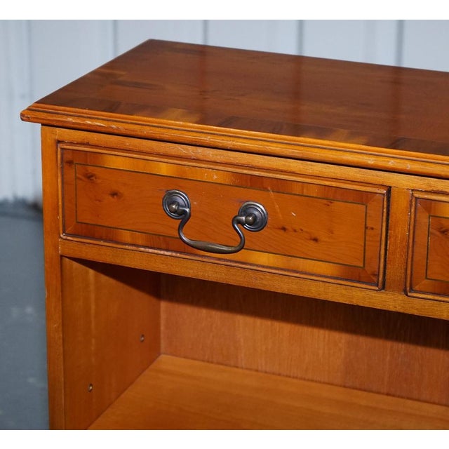 Small Vintage Burr Yew Wood Open Library Bookcase with Drawers and Shelf For Sale - Image 3 of 16