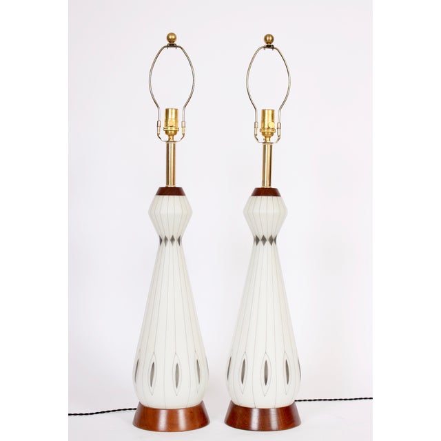 Mid 20th Century Frosted White Glass Table Lamps With Hand Painted Silver Overlay - A Pair For Sale - Image 11 of 12