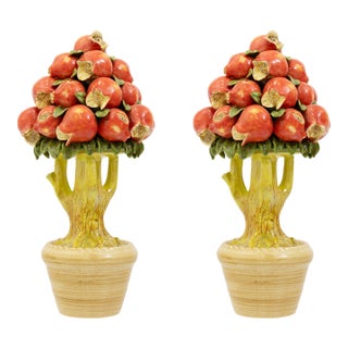 Pair of Vintage Regency Style Italian Ceramic Pomegranate Topiary For Sale