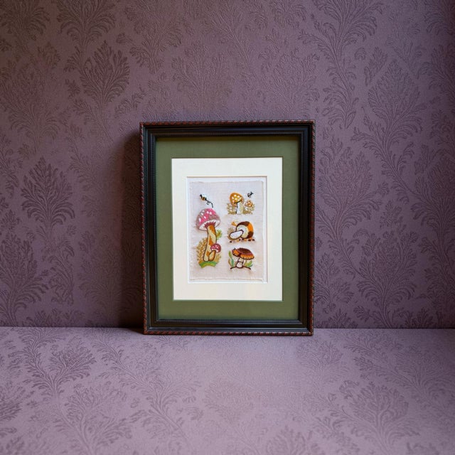 Wood Mid 20th Century Framed Mushroom Textile Art Needlepoint Collage Folk Art For Sale - Image 7 of 9