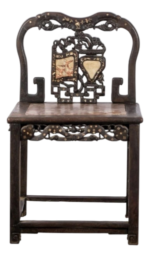 19th Century Chinese Late Qing Hongmu Marble & Mother-of-Pearl Inlaid Hall Chair