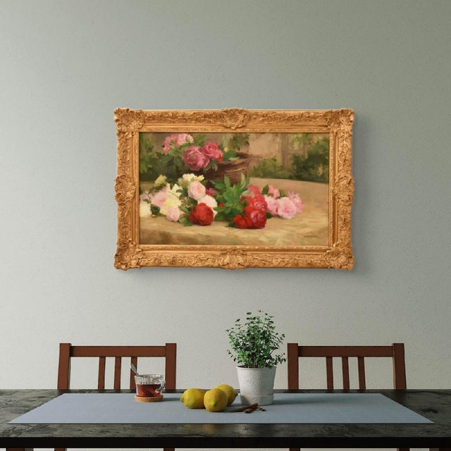 The antique Floral Still Life paintings presented here are a refined floral composition with a basket of roses and Jeté de...