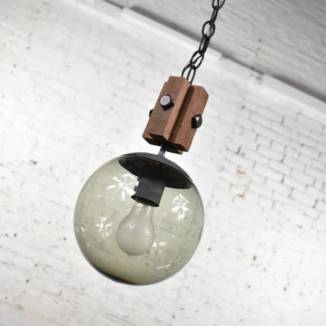 Black Mid Century Modern Nos Wood & Smoked Glass Globe Pendant Light Black Chain For Sale - Image 8 of 13