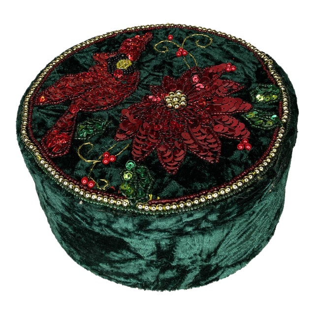 Vintage Handmade Bedazzled Green Velvet Box With Lid For Sale