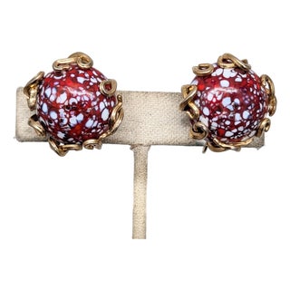 Vintage 1960s Signed Jewels by Julio Red & White Art Glass Clip Earrings-2 Pieces For Sale