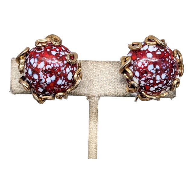 Vintage 1960s Signed Jewels by Julio Red & White Art Glass Clip Earrings-2 Pieces For Sale