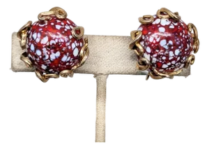 Vintage 1960s Signed Jewels by Julio Red & White Art Glass Clip Earrings-2 Pieces