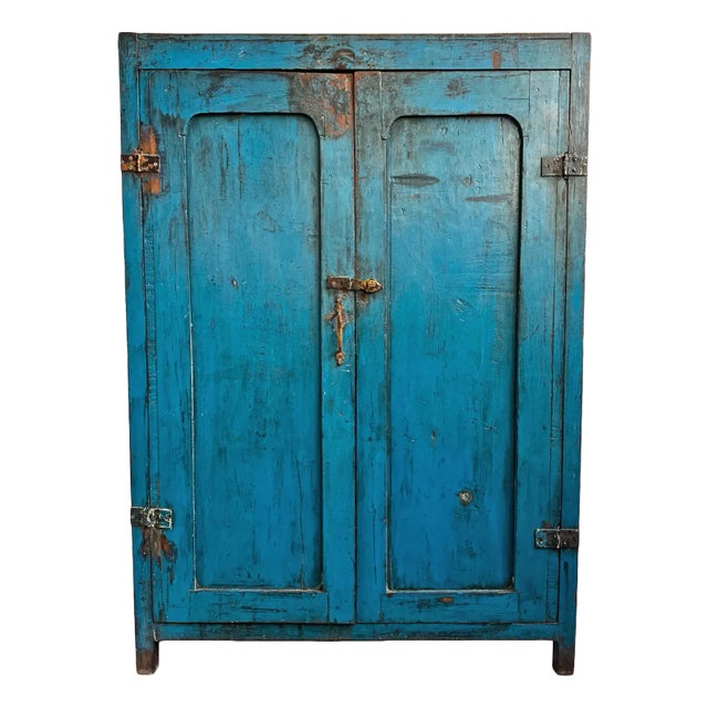 Antique Cobalt Blue Indian Farmhouse Storage Cabinet For Sale