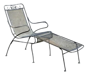 Mid 20th Century Woodard Style Wrought Iron Garden Chaise Lounge Chair With Removable Footstool