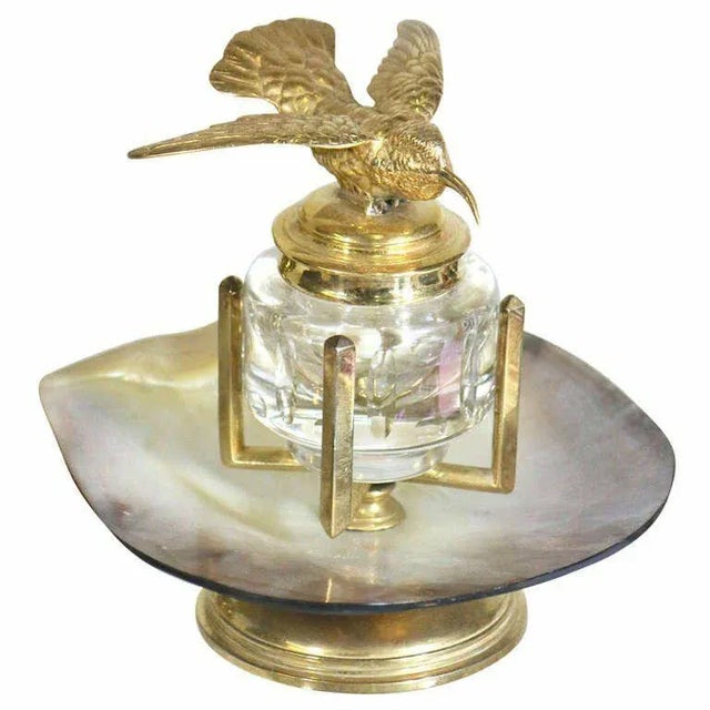 Metal 19th Century Inkwell-Harkness Library Gold Hummingbird on Crystal Inkwell SeaShell Mount and Gold Pl For Sale - Image 7 of 7