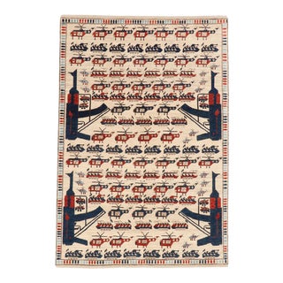 Handmade One of a Kind Afghan Pictorial War Rug/Wall Hanging - Soviet Era Design - 6'8 X 9'10 For Sale
