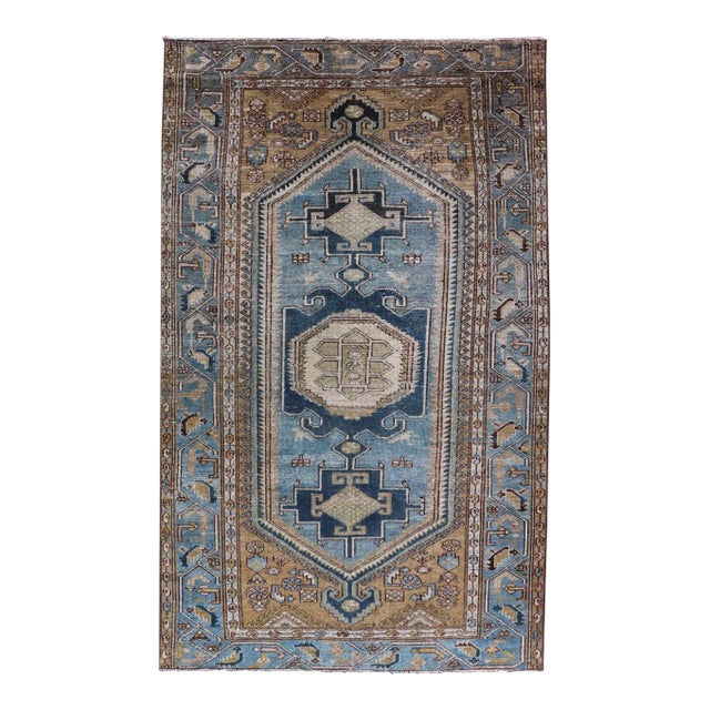 Persian Antique Malayer Rug With Geometric Design in Blue's & Brown's For Sale