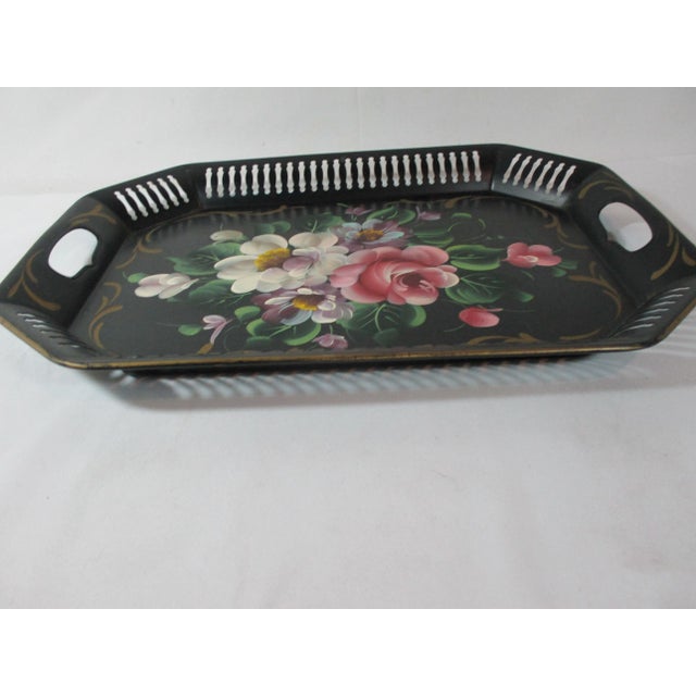 Metal Vintage Hand Painted Floral Reticulated Tole Tray For Sale - Image 7 of 9