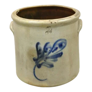 Antique Stoneware Two Gallon Crock With Cobalt Blue Slip Trailed Floral Design