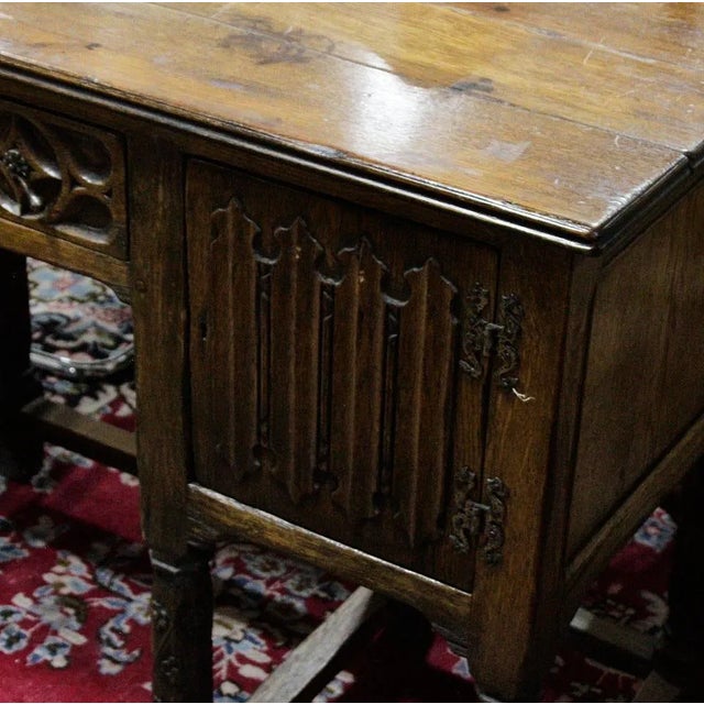 Antique Carved Oak English Clerk's Desk Linen Fold Doors For Sale In West Palm - Image 6 of 8