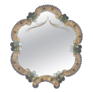 Italian Venetian Light Blue Murano Glass and Opalescent Glass Wall Mirror, 1950s For Sale