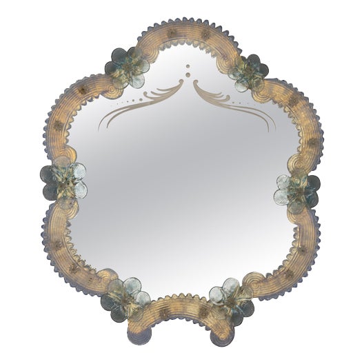 Italian Venetian Light Blue Murano Glass and Opalescent Glass Wall Mirror, 1950s For Sale