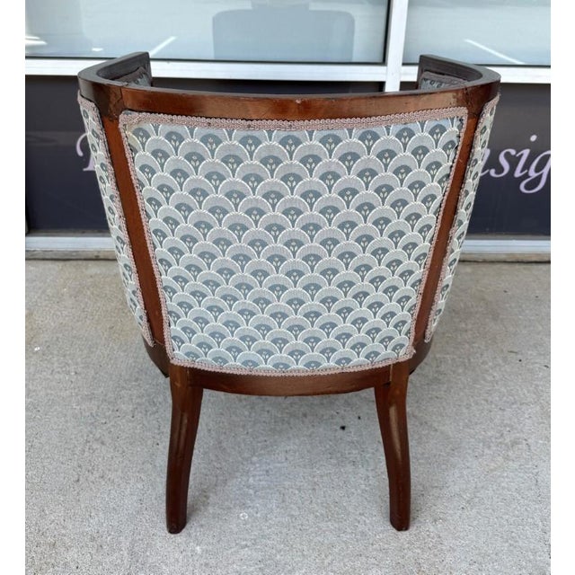Early 20th Century Early 20th Century Inlaid Barrel Back Chair With Scalloped Blue Upholstery For Sale - Image 5 of 14