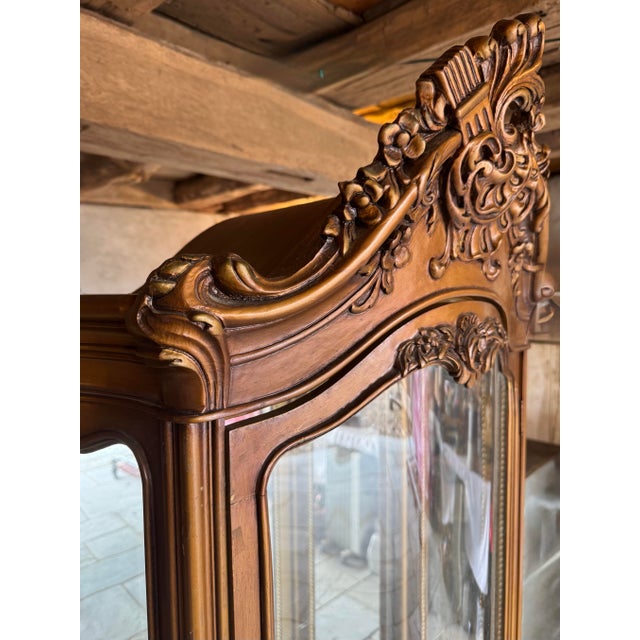 Vintage French Rococo Copper-Gilt Bow Front Tall Curio Cabinet With Mirrored Back For Sale - Image 9 of 11