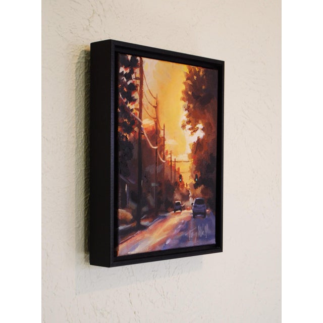 Contemporary Going Home by Tracy Wall | Mixed Media on Canvas sunset street scene with cars and trees For Sale - Image 3 of 4