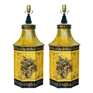 Large English Neo-Classical Cannister Style Tole Metal Table Lamps - Pair
