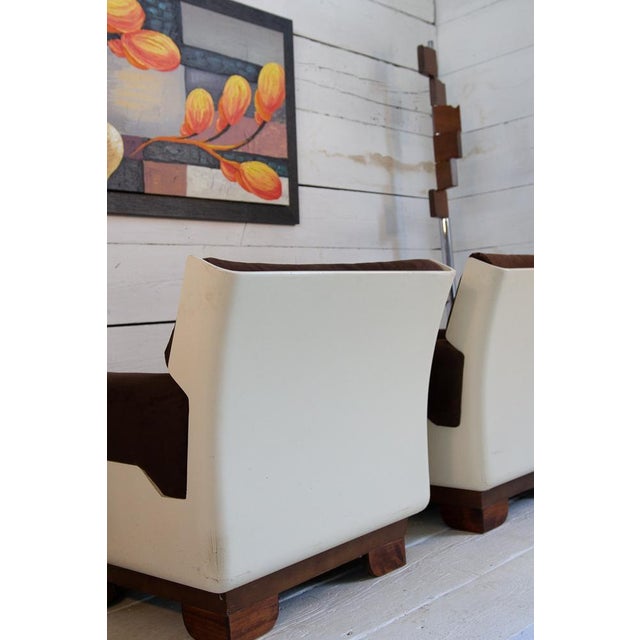 Space Age Armchairs with Wooden Pouf and Alcantara, 1960s, Set of 3 For Sale - Image 17 of 18