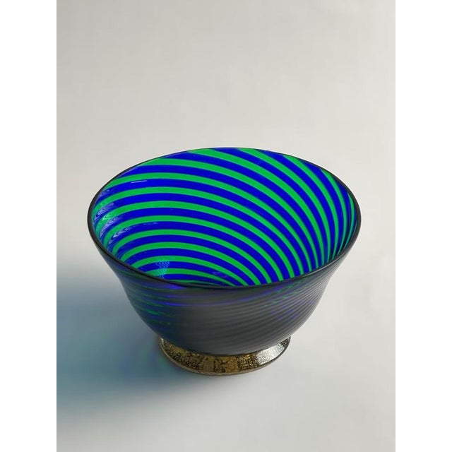 Metal Filigrana Murano Glass Bowl with Green and Blue Stripes, Italy, 1970s For Sale - Image 7 of 10