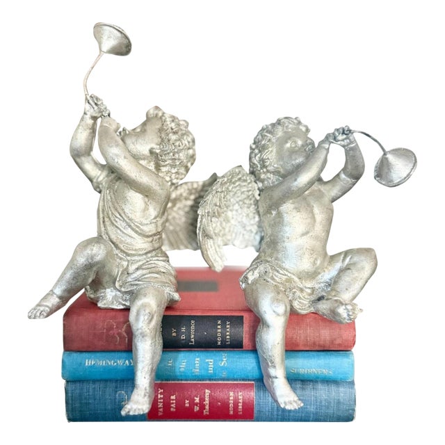 Vintage Silver Cherub Angel Shelf Sitters Playing Horns – Pair For Sale
