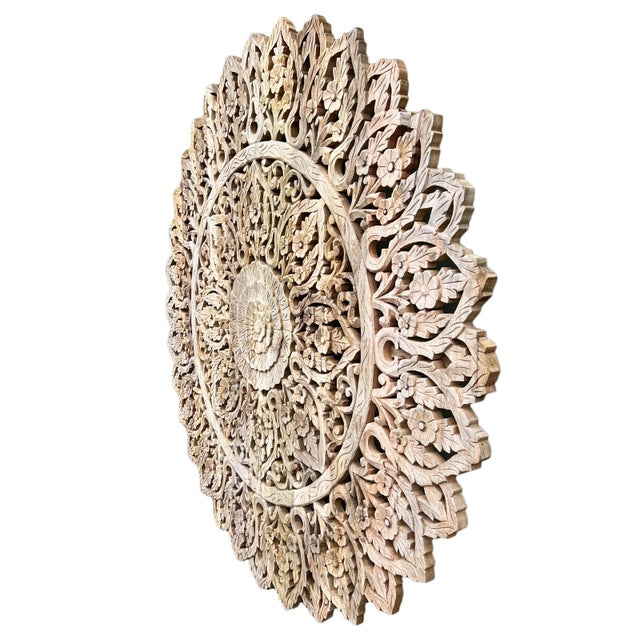 Vintage intricate hand carved floral circular medallion. Raw wood finish ready to display as is or it will accept a finish...