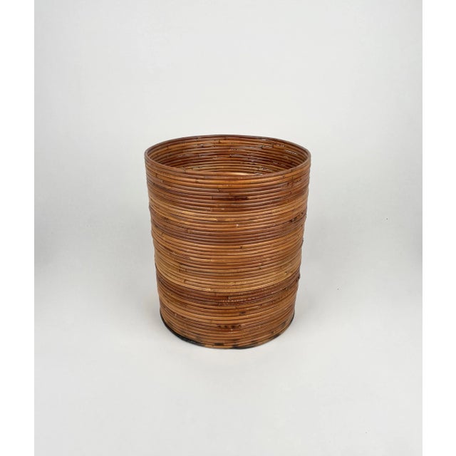 Italian Rattan and Bamboo Round Basket Plant Holder Vase, 1960s For Sale - Image 3 of 14