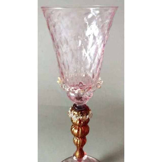 1970s Murano Glass Goblet "Tipetto" Pink Blown Glass With Gold Leaf Decoration For Sale - Image 4 of 11