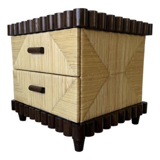 John Hutton for Donghia Scallop Mahogany & Rush Cane Nightstand For Sale