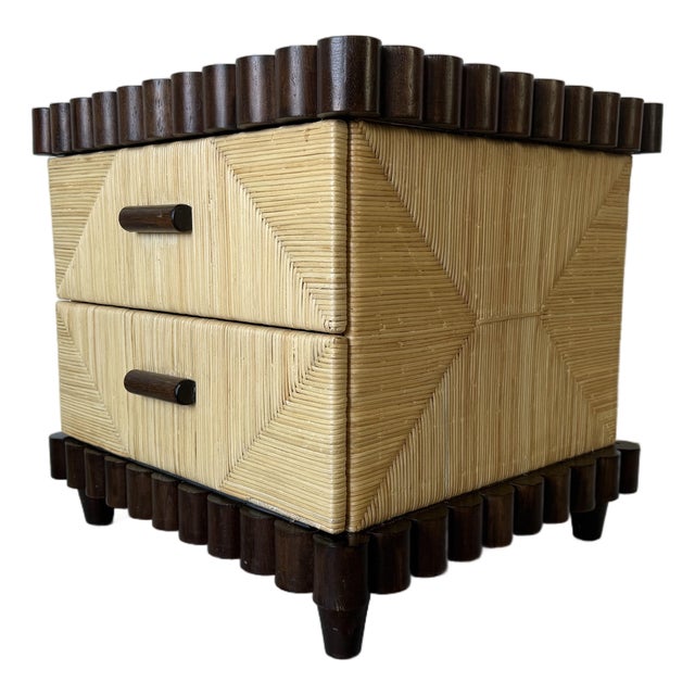 John Hutton for Donghia Scallop Mahogany & Rush Cane Nightstand For Sale